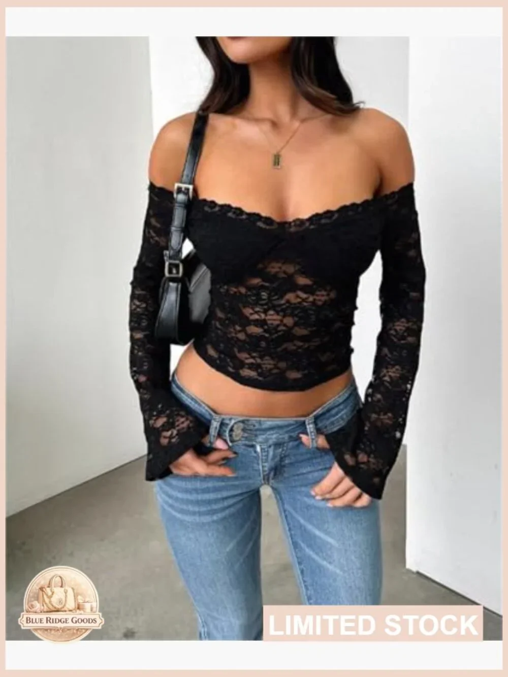 Off Shoulder Floral Lace Crop Top Long Sleeve See Through Backless Going Out - Picture 3 of 7